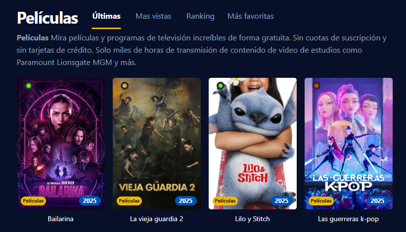 Captura de pantalla de la interfaz de usuario de Cuevana3 mostrando una variedad de pel&iacute;culas y series populares